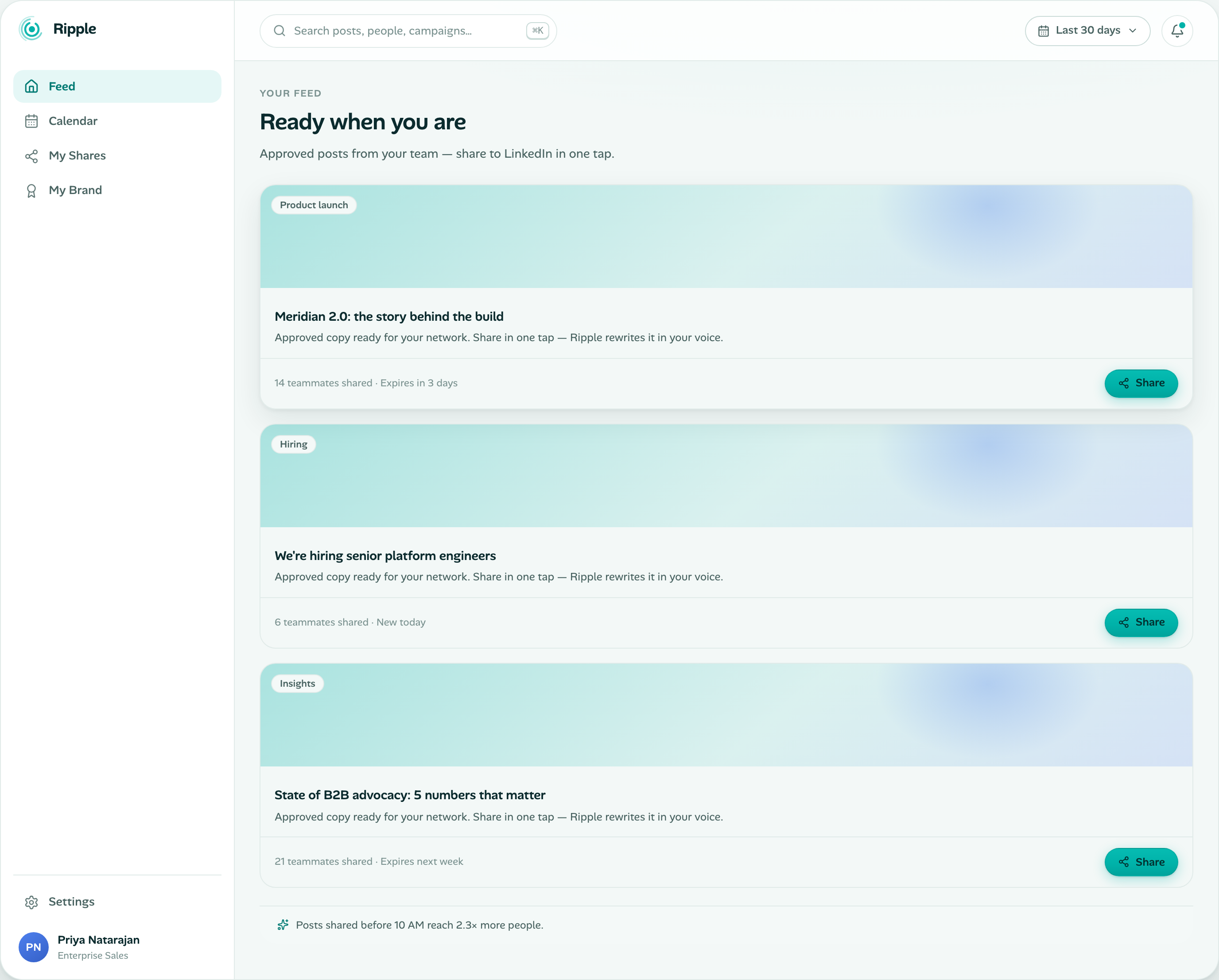 Ripple advocate feed with approved LinkedIn posts ready to share